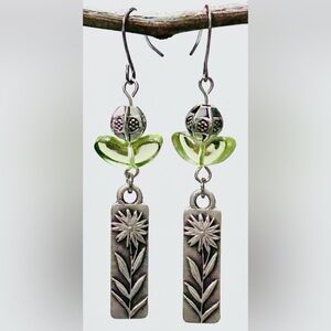 Boho Nature Dangle Earrings • Silver Floral Bar • Artisan Green Accent